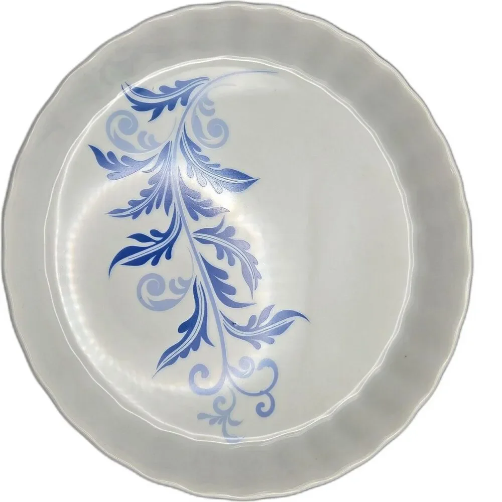Porcelain Fluted Quiche Tart Dish Pan Blue and White Floral 9 Inch
